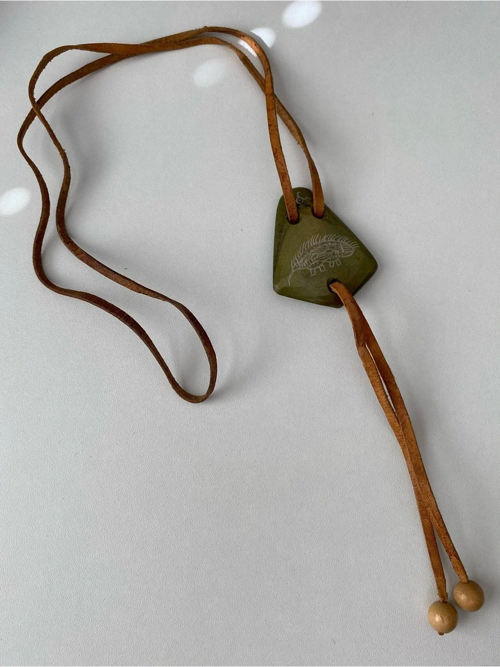 Olive Green Stone Pendant Leather Lariat Necklace Bolo with  Etching - unisex